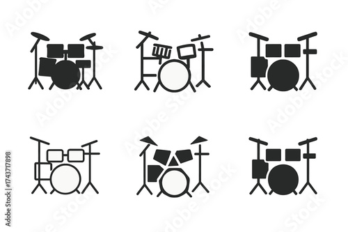 Harmonious Drum Set Logos. Musician. Set Logo of Music: drum set icon. harmonious logo variations of the same emblematic concept, each with different artistic