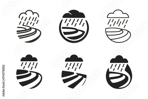 Monsoon Rice Terrace Logos. Impact of monsoons on tropical agriculture. Set Logo of rice paddy: water-filled terrace fields under rain. harmonious logo