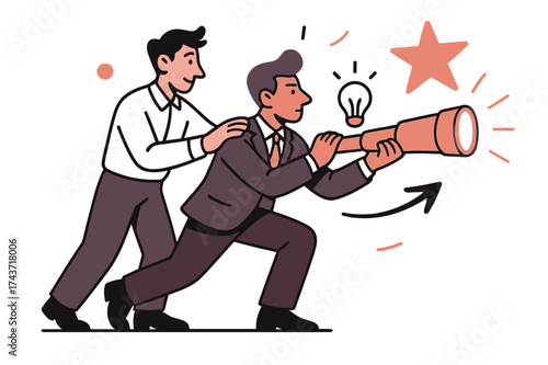 Visionary Leadership Coaching. Vision coaching. Executive holding glowing telescope guided by mentor. Floating star and light icons showing clarity and