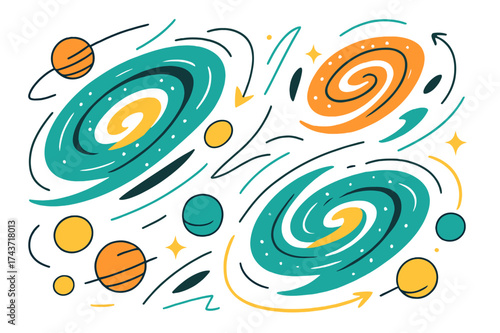 Dynamic Galactic Motion. Galaxies in motion. Glowing spiraling galaxies with abstract floating lines, light streaks and orbiting planets emphasizing rotation
