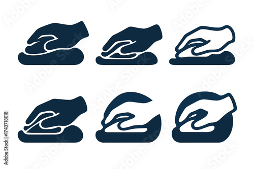 Wireless Mouse Logos. Using a wireless mouse at the desk. Set Logo of Using a wireless mouse at the desk: Ergonomic wrist rest. harmonious logo variations of