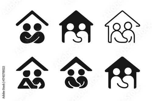Caregivers Support Logos. Support for caregivers. Set Logo of shelter roof: house roof symbol with people underneath. harmonious logo variations of the same