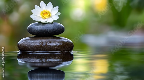 Stacked stones and a delicate white flower rest on water surface.