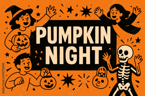 PumpkinNight Celebration Banner. PumpkinNight banner, flat vector illustration, bold oversized text inside rectangular frame, cartoon characters floating and