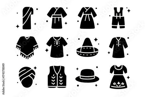 Traditional Wear Icons. Traditional wear. Solid icons set of Traditional wear: sari, kimono, hanbok, lederhosen, poncho, dashiki, sombrero, kaftan, turban,