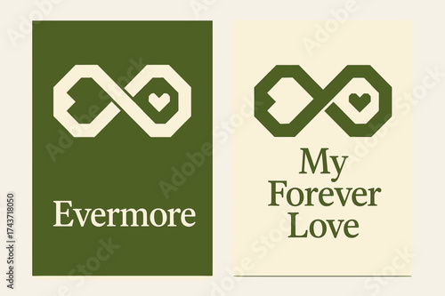 Geometric Evermore Banners. Evermore. Two vertical A6 banners, geometric, olive green and cream backgrounds, angular infinity symbol built from clean shapes