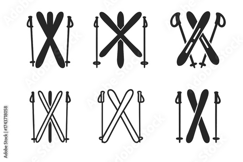 Skiing Logo Variations. Skiing. Set Logo of Skiing: ski poles. harmonious logo variations of the same emblematic concept, each with different