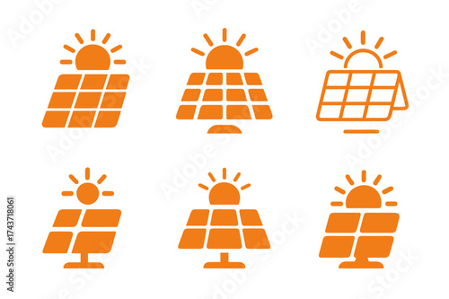 Solar Plant Logos. Solar power plants. Set Logo of solar power plants: photovoltaic array icon. harmonious logo variations of the same emblematic concept, each