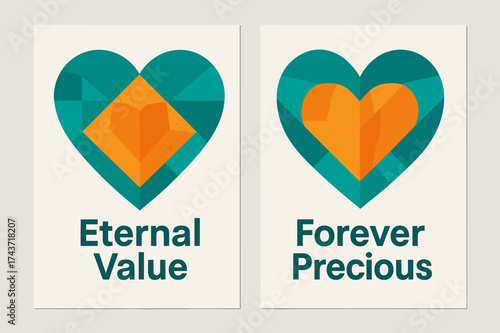 Abstract Heart Banners. Union. Two vertical A6 banners with safe margins, centered composition, no elements touching edges, geometric style, turquoise and