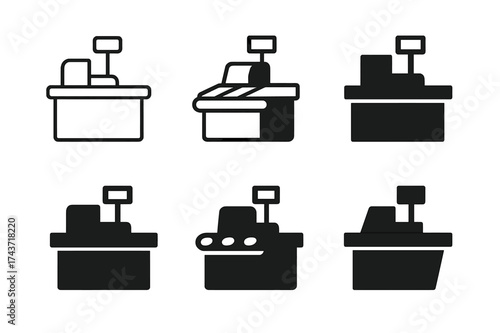 Diverse Logo Designs. Checkout process. Set Logo of Checkout process: Checkout counter / conveyor belt. harmonious logo variations of the same emblematic