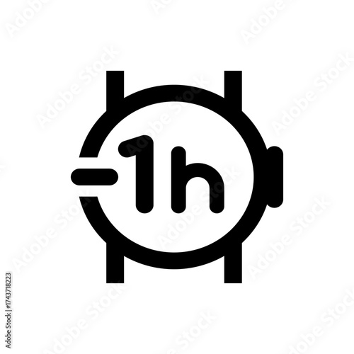 A black and white icon showing a clock with a minus sign and the text one hour inside the circular shape