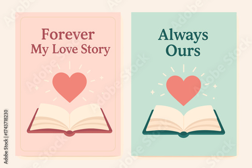 Romantic Book Banners. Romance. Two vertical A6 banners with safe margins, centered composition, no elements touching edges, flat vector design, pastel pink
