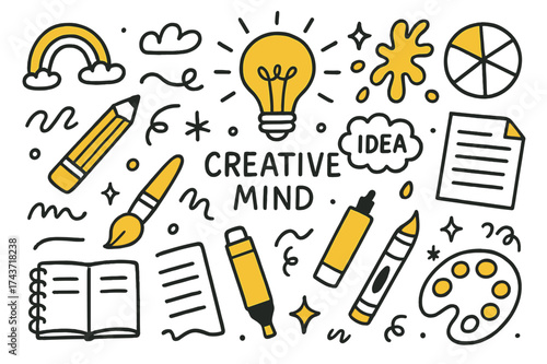 Creative Mind Doodles. Creative Mind. Hand-drawn doodle illustration creative mind light bulb (accented), rainbow, pencil, paintbrush (accented), paint
