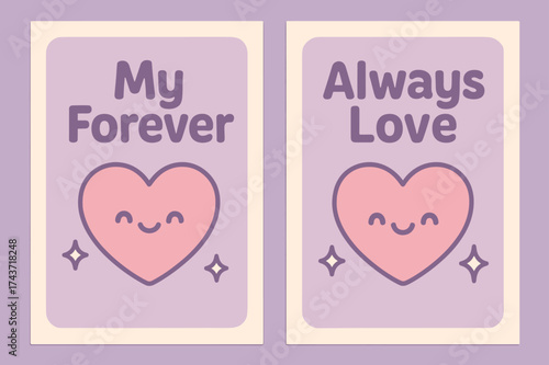Kawaii Love Banners. Love. Two vertical A6 banners with safe margins, centered composition, no elements touching edges, kawaii style, lavender and cream,