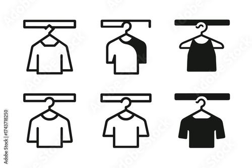 Minimalist Closet Logos. Closet rod. Set Logo of minimalist rod: bar with a single clothing piece hanging. harmonious logo variations of the same emblematic