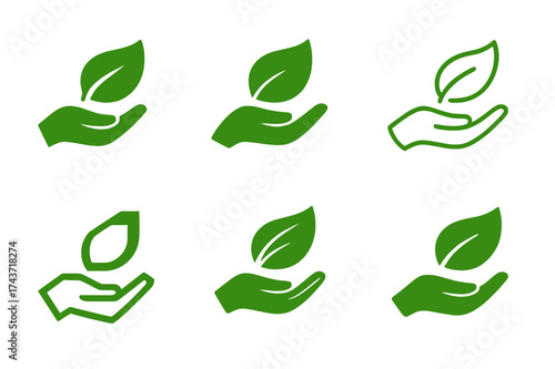 Eco-Friendly Logo Designs. Trade in eco-friendly products and sustainable merchandise. Set Logo of hand offering leaf: symbol of ethical trade. harmonious logo