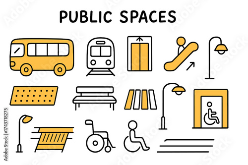 Colorful Transports and Pathways. Public Spaces. Hand-drawn doodle illustration bus (colored), train, elevator (colored), escalator, tactile paving (colored),