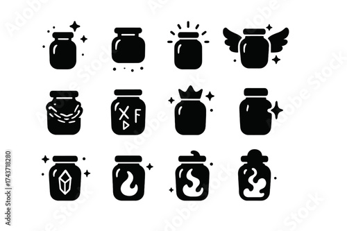 Magic Jar Icons. Empty jar fantasy. Solid icons set of magic jar, floating jar, glowing jar, jar with aura, jar with wings, jar with chain, jar with runes, jar