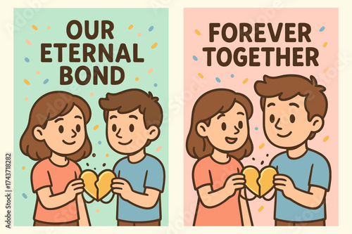 Our Eternal Bond. Our Eternal Bond. Two vertical A6 banners, cartoon, pastel mint and pink backgrounds, two characters holding a shared locket and confetti,