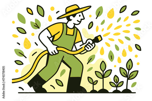 Vibrant Irrigation Illustration. Irrigation work. A farmer holding a glowing hose watering plants, abstract droplets and leaves floating around symbolizing