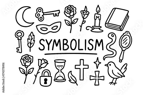 Symbolic Doodle Collection. Symbolism. Hand-drawn doodle illustration of Symbolism. Crescent moon, key, mask,