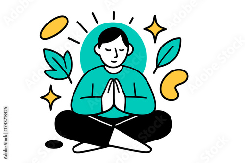 Silent Gratitude Aura. Silent thanks. A figure sitting cross-legged with hands folded, glowing aura radiating from them, abstract shapes of leaves and stars