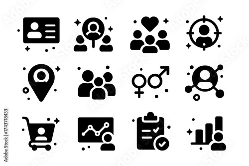 Target Audience Icons. Target Audience. Solid icons set of Target Audience: Persona Profile, Demographics, Interests, Behavior, Location Pin, Age Group,