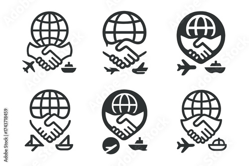 Cultural Exchange Logos. Cross-cultural exchange programs. Set Logo of cultural badge: circular emblem with globe, handshake, and travel icons. harmonious logo