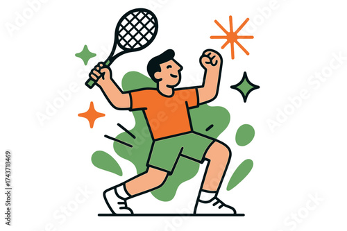 Triumphant Tennis Glory. Victory Moment. A glowing player raising racket in triumph, abstract floating stars and spark shapes symbolizing success. Modern