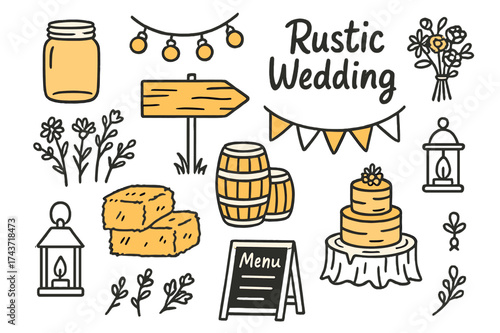 Rustic Wedding Elements. Rustic wedding. Hand-drawn doodle illustration rustic wedding mason jar (accented), fairy lights (accented), wooden sign (accented),