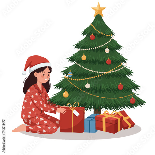 Little girl in festive pajamas places a wrapped gift under a decorated Christmas tree in a vibrant 2D flat vector illustration with clean outlines, white background.