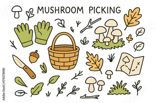 Mushroom Picking Essentials. Mushroom Picking. Hand-drawn doodle illustration basket (colored), gloves, mushroom knife (colored), forest floor, moss (colored),