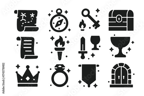 Quest Icons Set. Quests. Solid icons set of Quests: treasure map, compass, key, locked chest, scroll, torch, sword, goblet, crown, ring, banner, mysterious