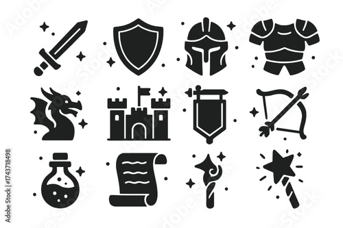 Fantasy Heroes Icons. Fantasy Heroes. Solid icons set of Fantasy Heroes: Sword, Shield, Helmet, Armor, Dragon, Castle, Banner, Bow, Arrow, Potion, Scroll,