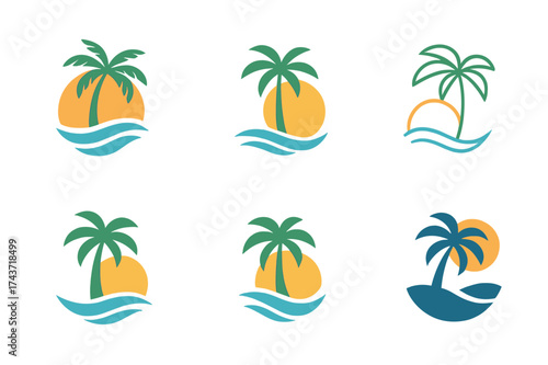 Beach Logo Variations. Travel destinations. Set Logo of beach palm: palm tree with waves and sun. harmonious logo variations of the same emblematic concept,