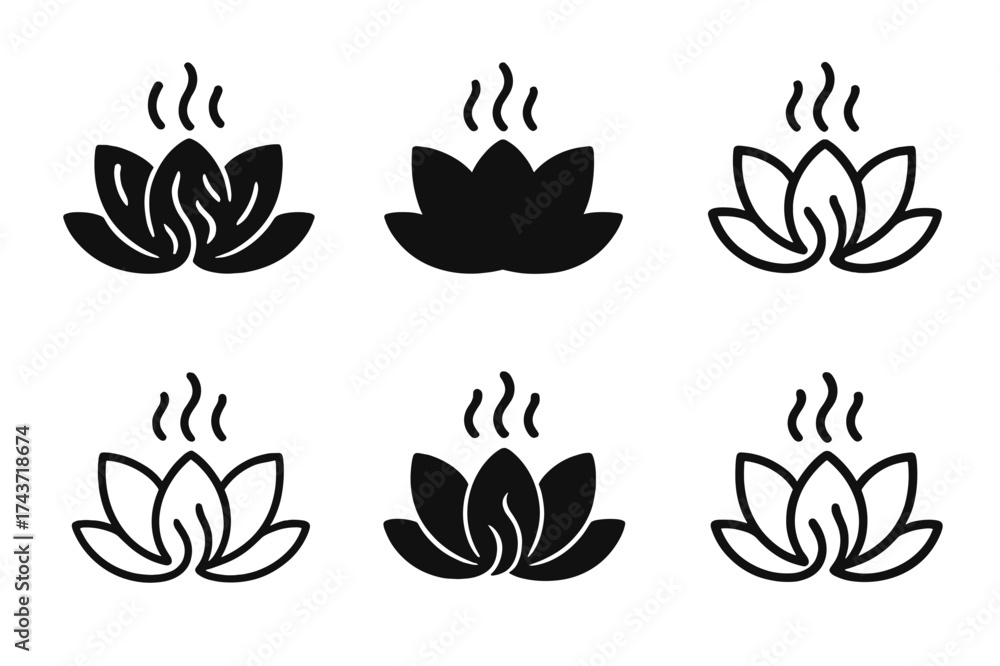Fototapeta premium Lotus Breathing Logos. Breathing exercises for stress management. Set Logo of Breathing exercises for stress management: Lotus with breath lines. harmonious