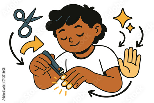 Child Nail Clipping. Nail care. Child clipping glowing nails with floating icons of scissors, hand, and