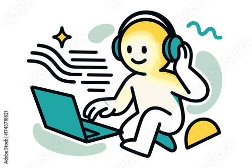 Accessible Tech Illustration. Screen Reader. A glowing character listening to headphones while text flows from a laptop, abstract floating spark and wave icons