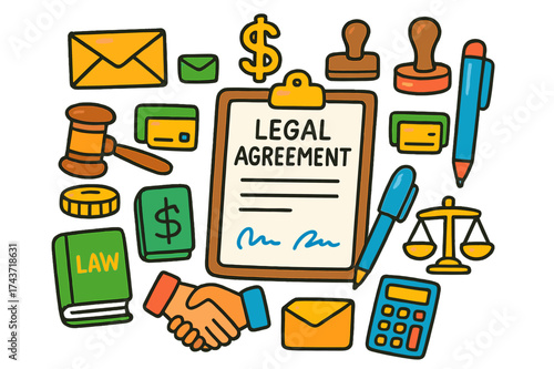 Legal Agreement Doodles. Legal Agreement. Colorful Hand-drawn doodle Children illustration paper contract, pen, gavel, stamp, clipboard, book, dollar sign,