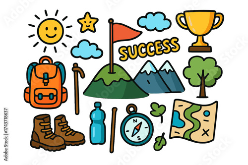 Success Journey Icons. Success. Colorful Hand-drawn doodle Children illustration Flag on hilltop, backpack, rope, boots, walking stick, star, sun, clouds,