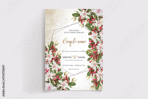 WEDDING INVITATION FRAME WITH FLOWER DECORATIONS AND FRESH LEAVES