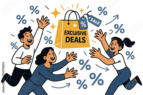 Golden Shopping Frenzy. Exclusive deals. A golden shopping bag glowing with discount tags and stars. Customers