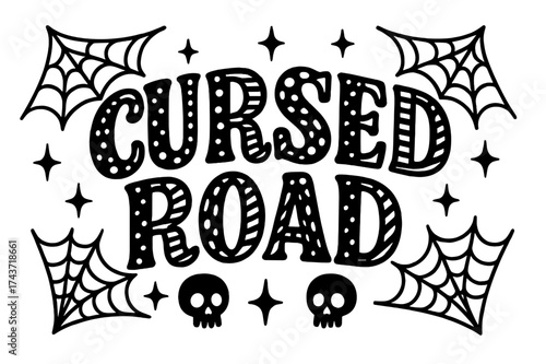 Cursed Road Design. Cursed Road ? Decorative Display Lettering, playful stylized letters patterned with dots and stripes, curved word-shape, framed by webs,