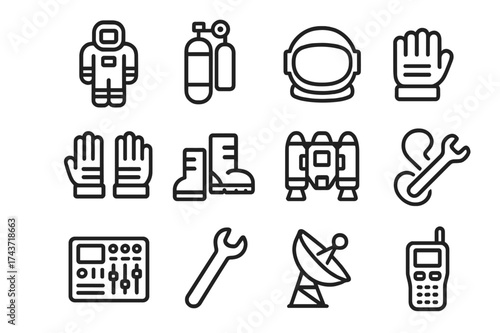 Space Exploration Icons. Space exploration tools. Line icon set of space exploration tools: spacesuit, oxygen tank, helmet, gloves, boots, jetpack, tether,