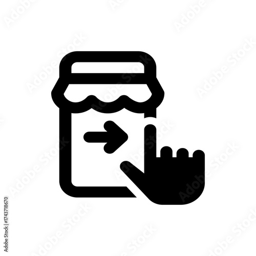 Illustration of a jar with an arrow pointing right and a hand touching the jar in black and white style