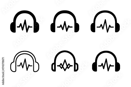 Harmonious Dance Logos. Dance as a form of stress relief and relaxation. Set Logo of Dance as a form of stress relief and relaxation: Headphones with heartbeat
