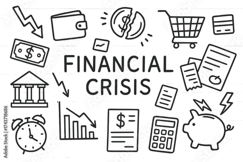 Financial Crisis Icons. Financial Crisis. Hand-drawn doodle illustration Financial Crisis broken coin, down arrow, wallet, empty cart, dollar bill, credit