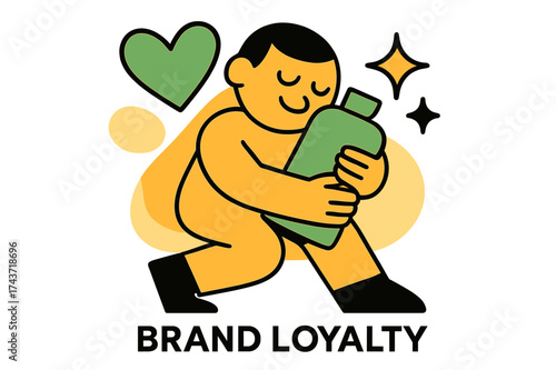 Product Affection Icons. Brand Loyalty. A glowing character holding a favorite product close, abstract floating heart and spark icons symbolizing trust. Modern