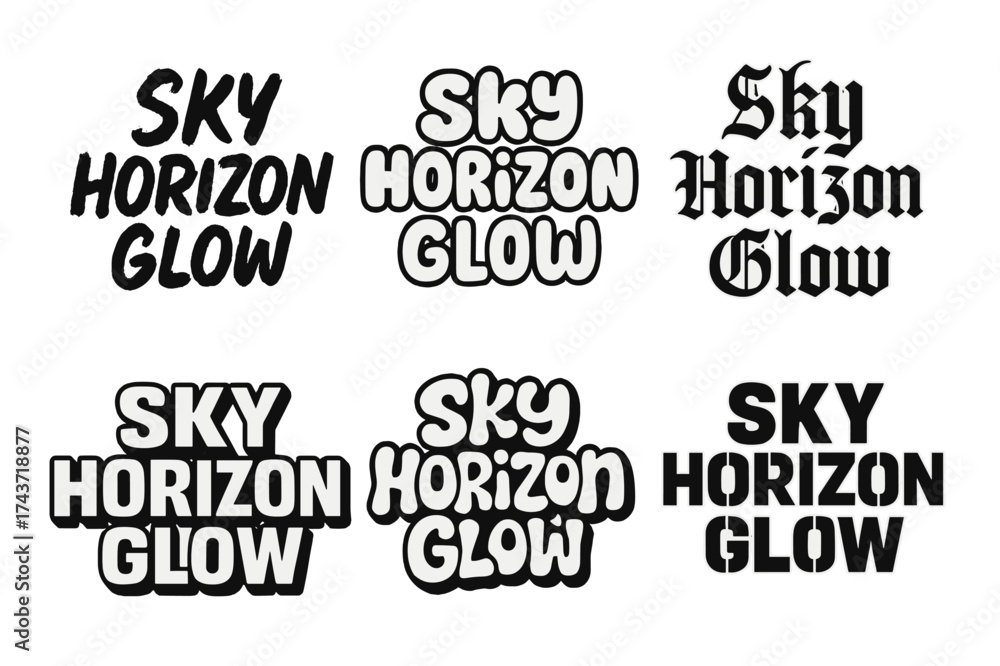 Fototapeta premium Harmonious Lettering Grid. Sky Horizon Glow. Set lettering. harmonious lettering variations of the same emblematic concept (Grunge textured brush lettering,