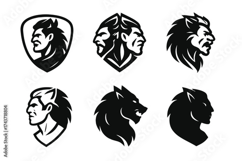 Werewolf Logo Variations. A mythical creature blending human and animal features. Set Logo of werewolf: half-human, half-wolf transformation. harmonious logo
